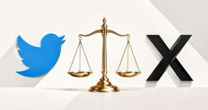 Abstract illustration of a bird facing an X mark with scales of justice between them, representing the Twitter.now trademark dispute with X Corp.” twitter.now