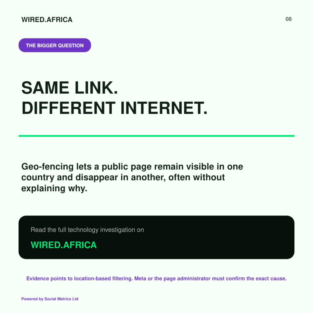 Inside the Block: How Geo-Fencing Keeps Nigerians Out of Kemi Badenoch’s Facebook Page (WIRED.Africa Investigation) 13 Difference between Facebook page geo-fencing and a nationwide platform ban Facebook geo-fencing