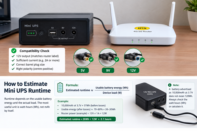 “Mini UPS connected to a 12V Wi-Fi router showing 5V, 9V and 12V compatibility checks.”