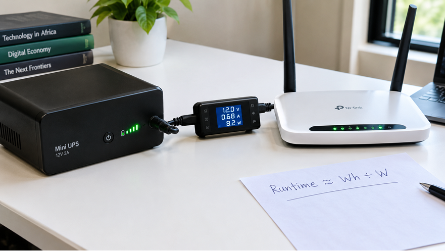 Formula for estimating how long a mini UPS lasts using watt-hours divided by router power consumption.