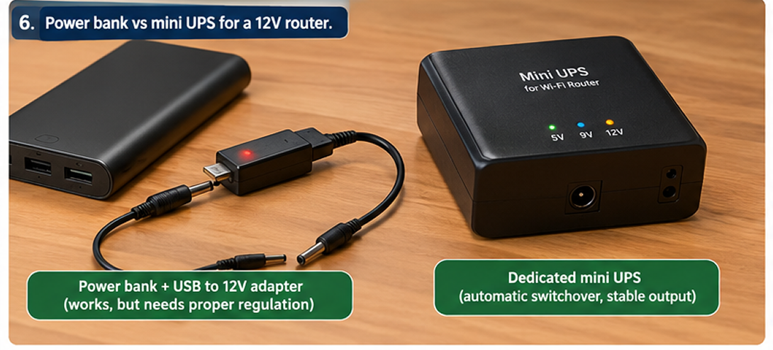 Router UPS vs power bank comparison showing automatic switchover, 12V outputs and converter requirements