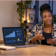 African creator recording a video beside analytics showing audience views and earnings, illustrating Facebook monetization in Africa.