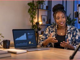 African creator recording a video beside analytics showing audience views and earnings, illustrating Facebook monetization in Africa.