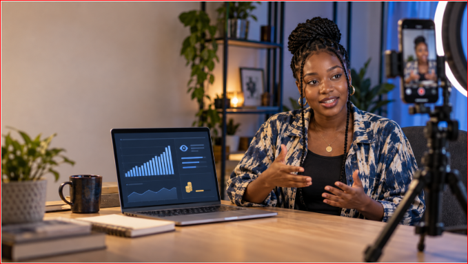 African creator recording a video beside analytics showing audience views and earnings, illustrating Facebook monetization in Africa.